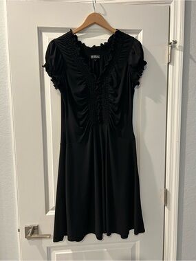 Elan Black Ruffled V-Neck Short Sleeve Chemise Dress